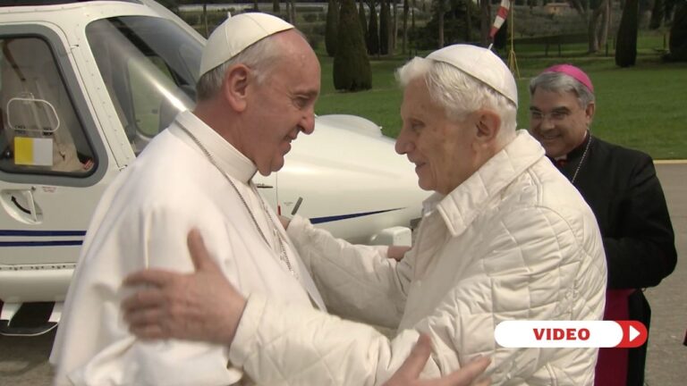 Pope Francis and Pope Benedict XVI embrace. Credit: EWTN Vatican | Vaticano screenshot