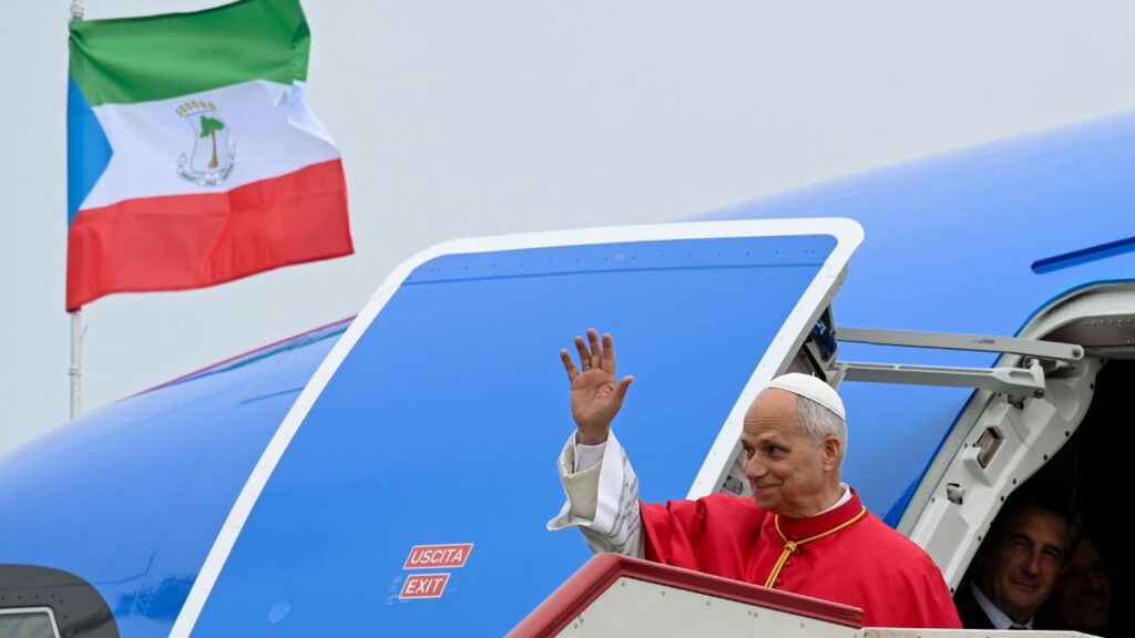 Pope Leo XIV waves as he arrives in Equatorial Guinea on Tuesday, April 21, 2026. | Credit: Vatican Media