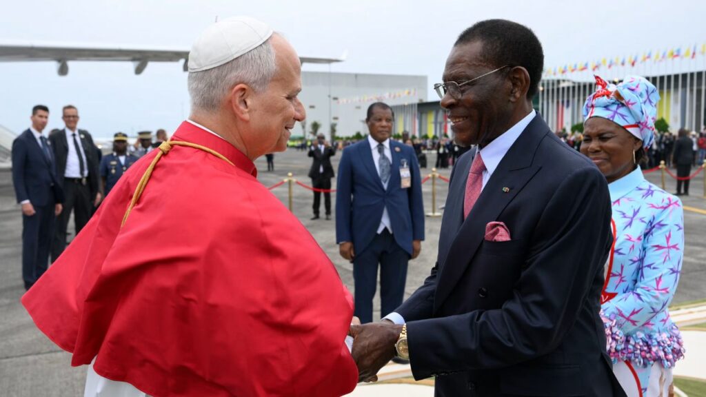Pope Leo XIV greets Equatorial Guinea President Teodoro Obiang Nguema Mbasogo upon his arrival in the country on Tuesday, April 21, 2026. | Credit: Vatican Media