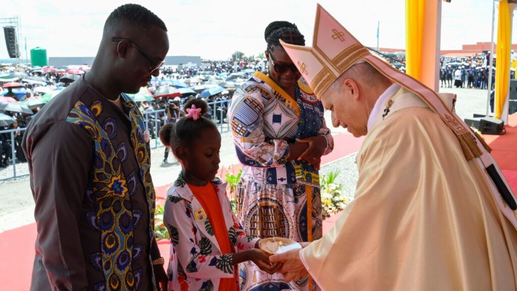 Pope Leo XIV receives the offerings during the presentation of the gifts at Mass in Saurimo, Angola, on April 20, 2026. | Credit: Vatican Media