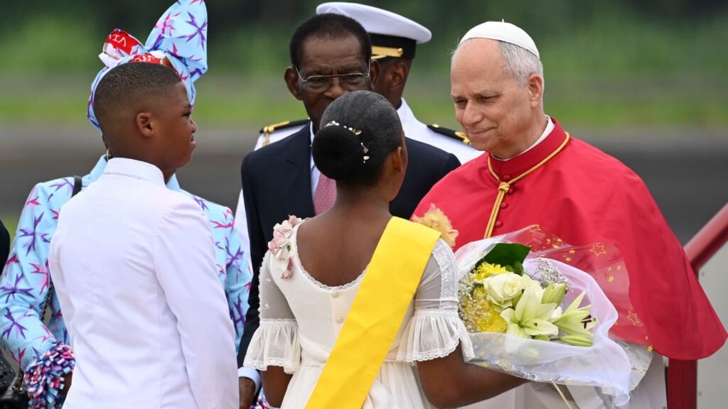 Pope Leo XIV is greeted as he arrives in Equatorial Guinea on Tuesday, April 21, 2026. | Credit: Vatican Media