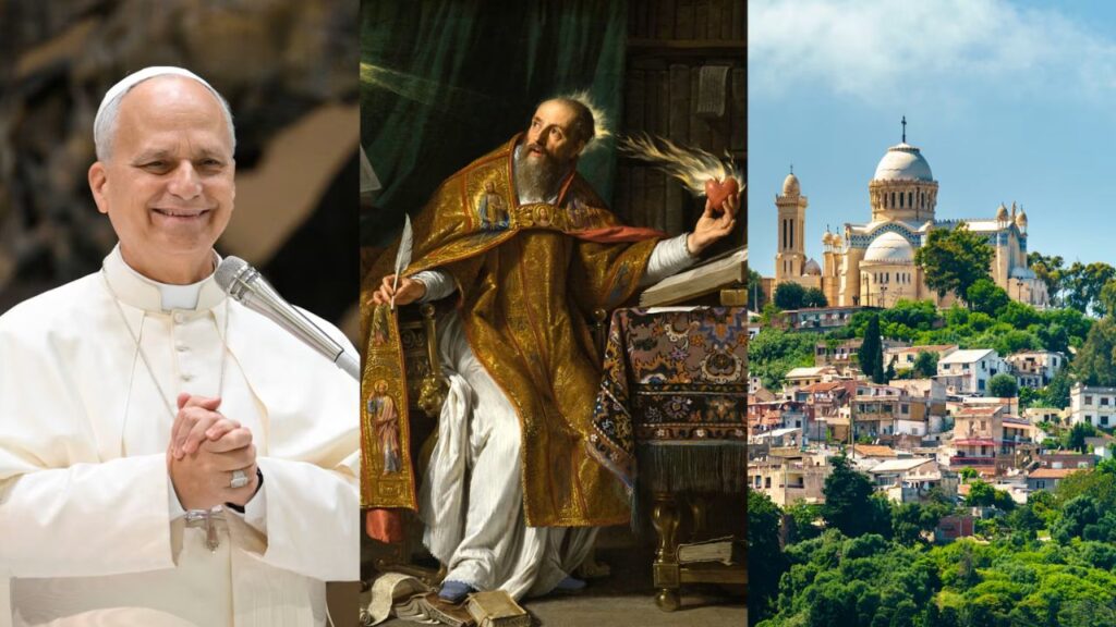 From left to right: Pope Leo XIV, St. Augustine of Hippo, and the Basilica of Notre Dame d'Afrique, a Catholic basilica in Algiers, Algeria. | Credit: Vatican Media; Public domain ; Canva Pro. Design done in Canva.
