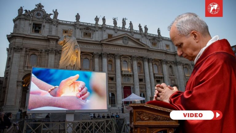 Pope Leo in prayer during a Prayer Vigil for Peace in St. Peter’s Square — Credit: Vatican Media; archive photo: Daniel Ibáñez / EWTN