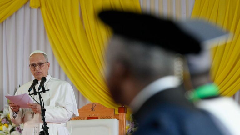 Pope Leo XIV addresses students, faculty, and others during a visit to the Catholic Academic Institution of Central Africa (UCAC) in Yaoundé, Cameroon, on April 17, 2026. | Credit: Vatican Media