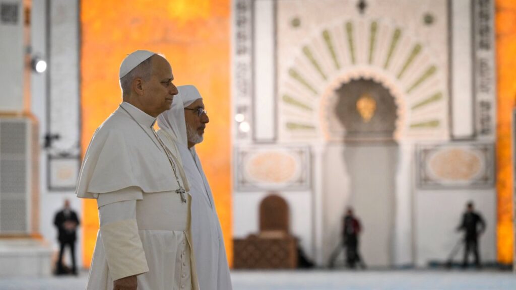 Pope Leo XIV stands with Rector Mohamed Mamoun Al Qasimi at the Great Mosque in Algiers, Monday, April 13, 2026. | Credit: Vatican Media