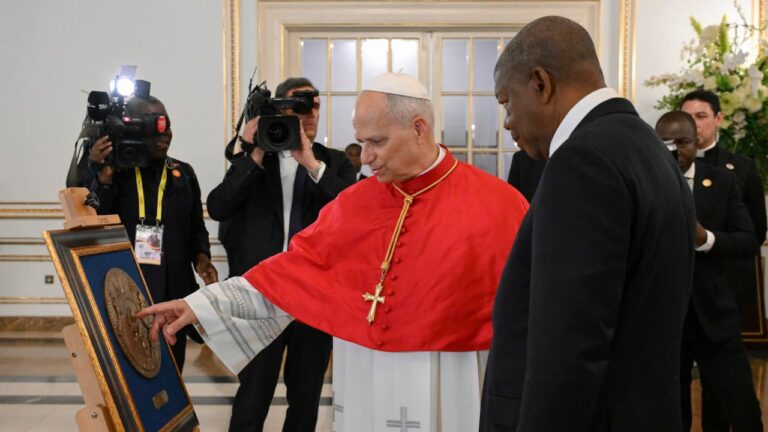 Pope Leo XIV with President João Manuel Gonçalves Lourenço at the Presidential Palace in Luanda, Angola, on April 18, 2026. | Credit: Vatican Media