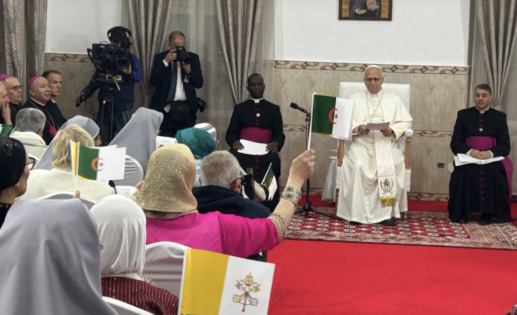 Pope Leo XIV at the “Ma Maison” care home for the elderly in Annaba, Algeria, on April 14, 2026. | Credit: AIGAV Pool