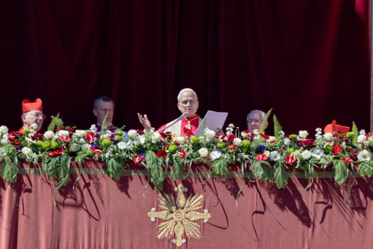 Leo XIV, Easter 2026 | Leo XIV at the Urbi et Orbi, Central Loggia of St. Peter’s Basilica, April 5, 2026 | Daniel Ibanez / EWTN Vatican