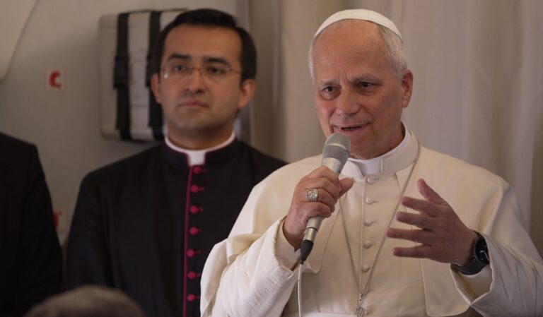 Pope Leo XIV speaks aboard the papal plane from Malabo, Equatorial Guinea, to Rome, following an 11-day trip in Africa, April 23, 2026. | Credit: Patrick Leonard/EWTN News.