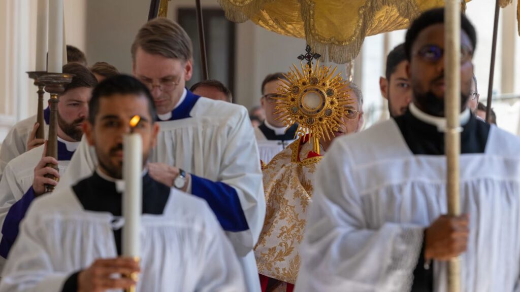 Cardinal Dominique Mamberti, prefect of the Apostolic Signatura, leads a Eucharistic procession at the Pontifical University of St. Thomas Aquinas in Rome on April 16, 2026. | Credit: Daniel Ibanez/EWTN News