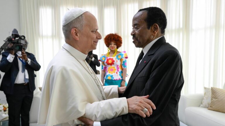 Cameroonian First Lady Chantal Biya looks on as Pope Leo XIV embraces President Paul Biya before departing the country on Saturday, April 18, 2026. | Credit: Vatican Media