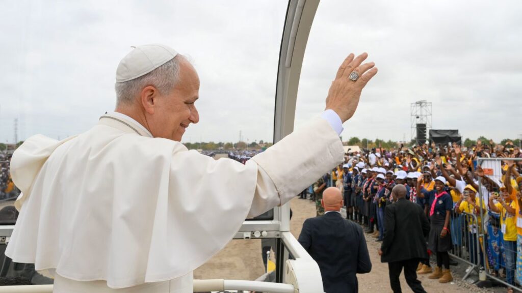 Pope Leo XIV waves to crowds gathered before Mass in Kilamba, Angola, on April 19, 2026. | Credit: Vatican Media