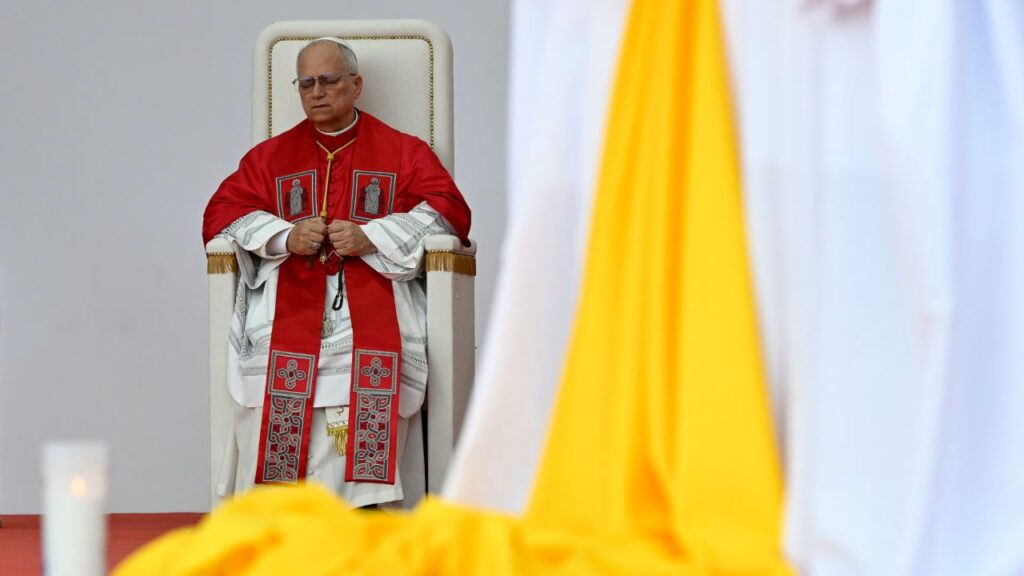 Pope Leo XIV leads the rosary at the Marian shrine of Mama Muxima in Kimbaxe, Angola, on April 19, 2026. | Credit: Vatican Media