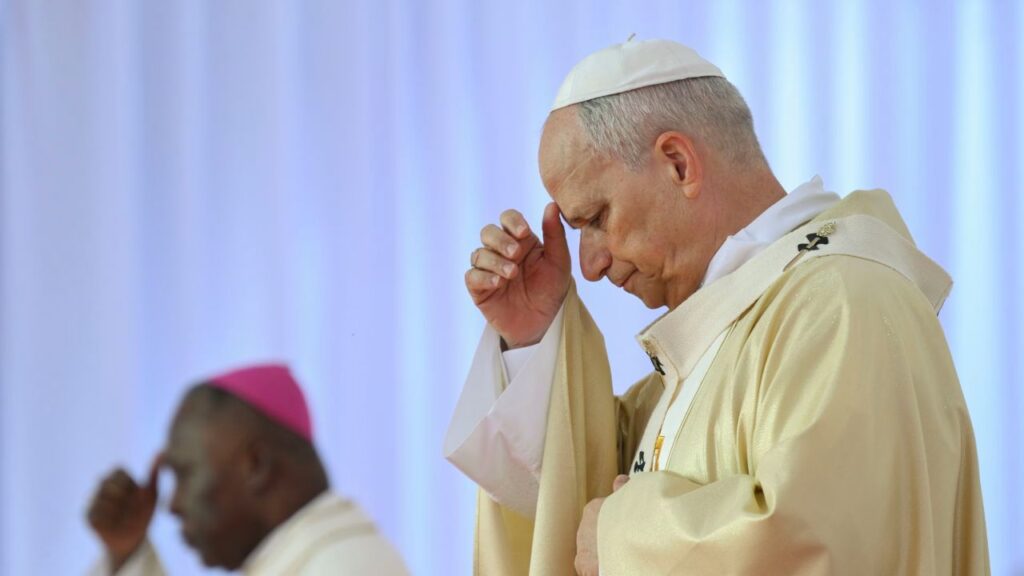 Pope Leo XIV makes the sign of the cross at the beginning of Mass in Kilamba, Angola, on April 19, 2026. | Credit: Vatican Media