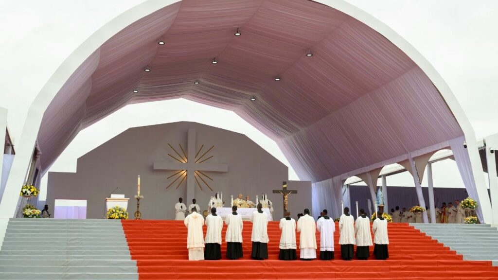 Pope Leo XIV celebrates Mass in Kilamba, Angola, on April 19, 2026. About 100,000 faithful packed the large esplanade where the Eucharistic celebration took place. | Credit: Vatican Media