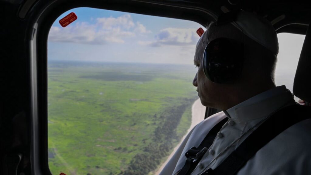 Pope Leo XIV looks out the window during his ride to the Marian shrine of Mama Muxima in Kimbaxe, Angola, on April 19, 2026. | Credit: Vatican Media