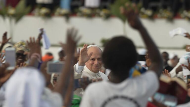 Pope Leo XIV arrives for an enounter with young people at the Marian shrine of Mama Muxima in Kimbaxe, Angola, on April 19, 2026. | Credit: Patrick Leonard/EWTN News