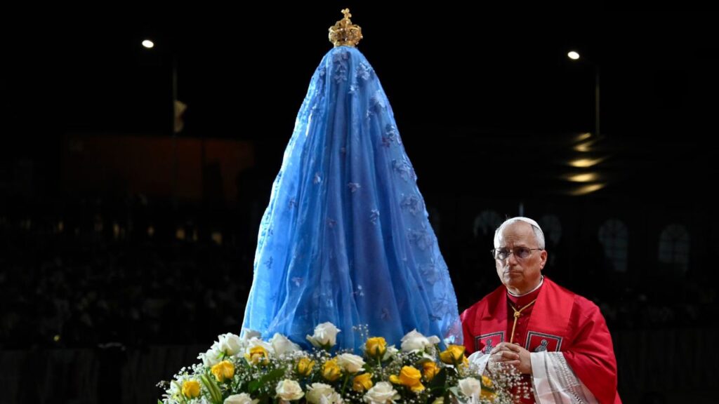 Pope Leo XIV prays at the Marian shrine of Mama Muxima in Kimbaxe, Angola, on April 19, 2026. | Credit: Vatican Media