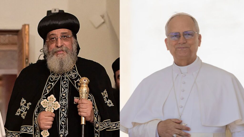 Pope Tawadros II of Alexandria, head of the Coptic Orthodox Church, pictured during a visit of Pope Francis to Cairo, Egypt, on April 28, 2017, left, and Pope Leo XIV, pictured during a general audience in St. Peter's Square on May 28, 2025. | Credit: Vatican Media and Daniel Ibañez/EWTN News