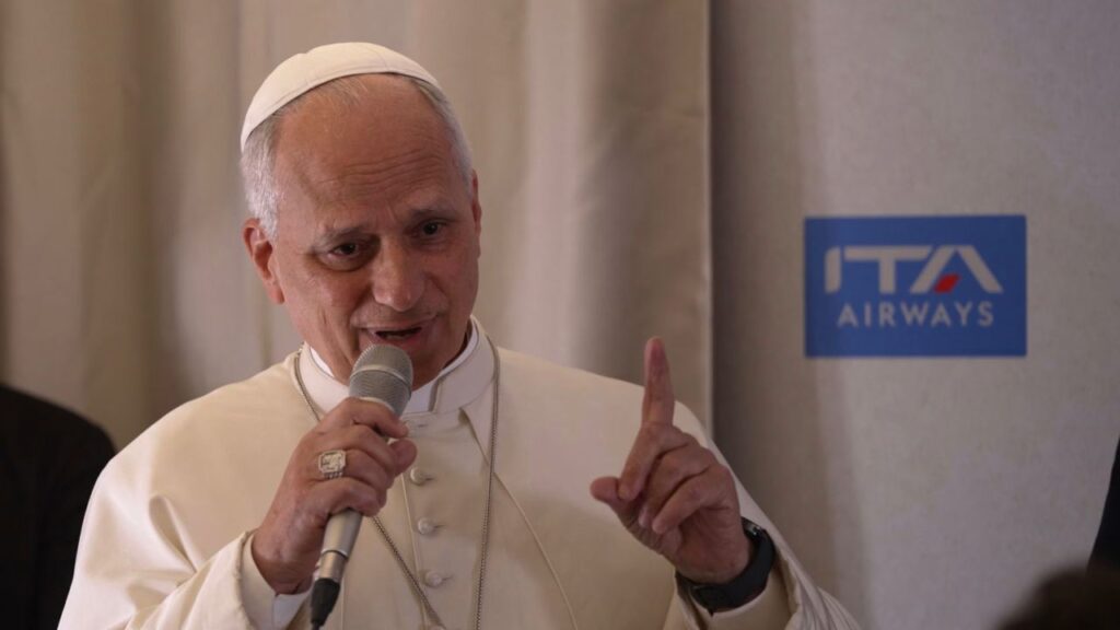 Pope Leo XIV speaks aboard the papal plane from Malabo, Equatorial Guinea, to Rome, following an 11-day trip in Africa, April 23, 2026. | Credit: Patrick Leonard/EWTN News.