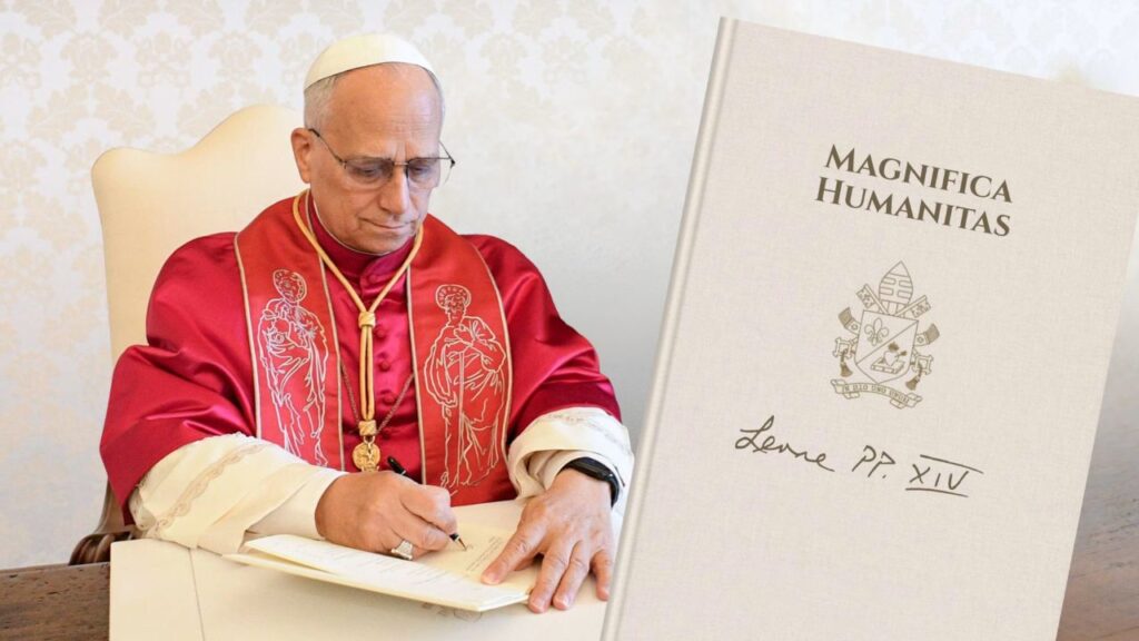 The pope announces the release of 'Magnifica Humanitas' (“Magnificent Humanity”) on May 15, 2026. | Credit: Pope Leo XIV signing “Dilexit te” on October 4, 2025, Vatican Media. Image composition: EWTN News.