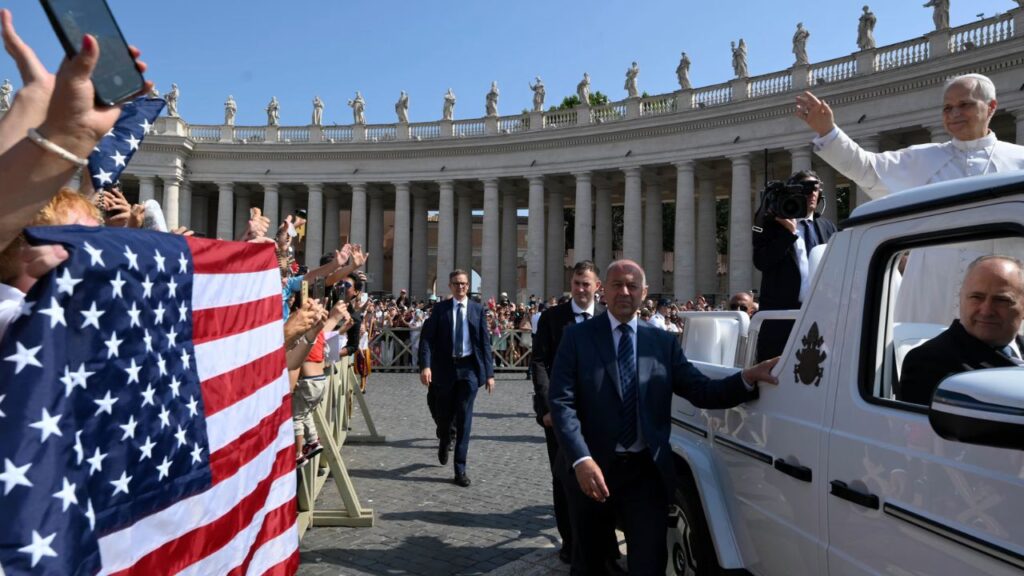Pope Leo XIV waves as the popemobile passes by a crowd of American pilgrims gathered in St. Peter’s Square for the pope’s general audience on June 18, 2025, at the Vatican. | Credit: Vatican Media