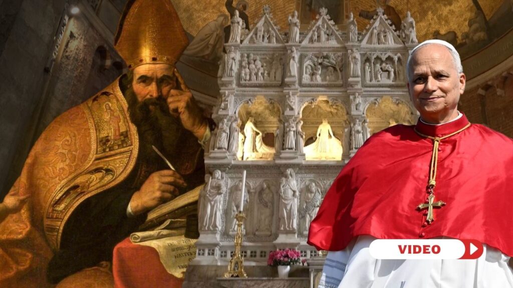 Pope Leo portrait. Credit: Vatican Media. St. Augustine portrait. Credit: Public Domain. Tomb of St. Augustine. Credit: EWTN Vatican.