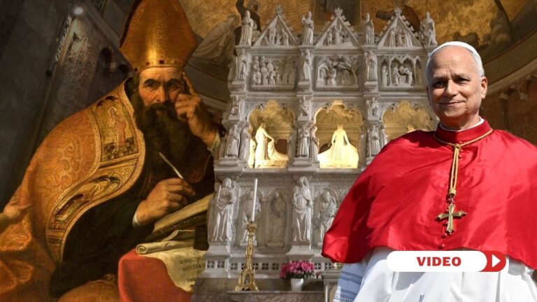 Pope Leo portrait. Credit: Vatican Media. St. Augustine portrait. Credit: Public Domain. Tomb of St. Augustine. Credit: EWTN Vatican.