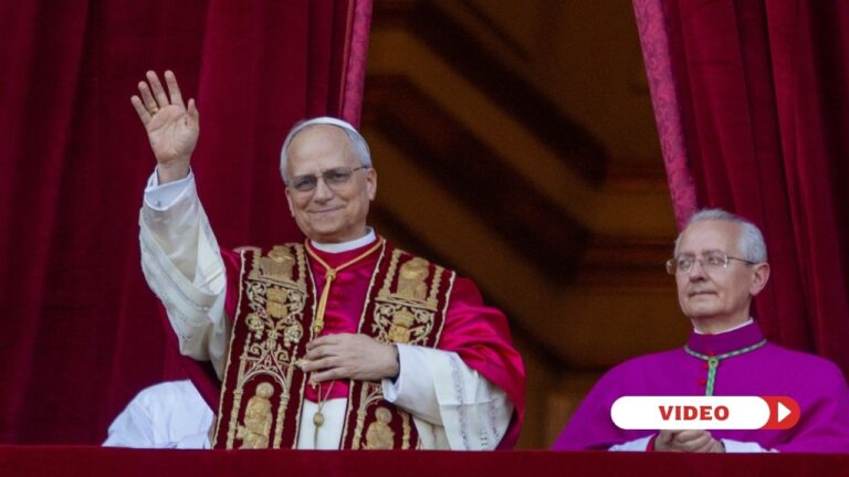 Pope Leo XIV steps out to the world for the first time on May 8, 2025. Credit: Daniel Ibanez | EWTN News