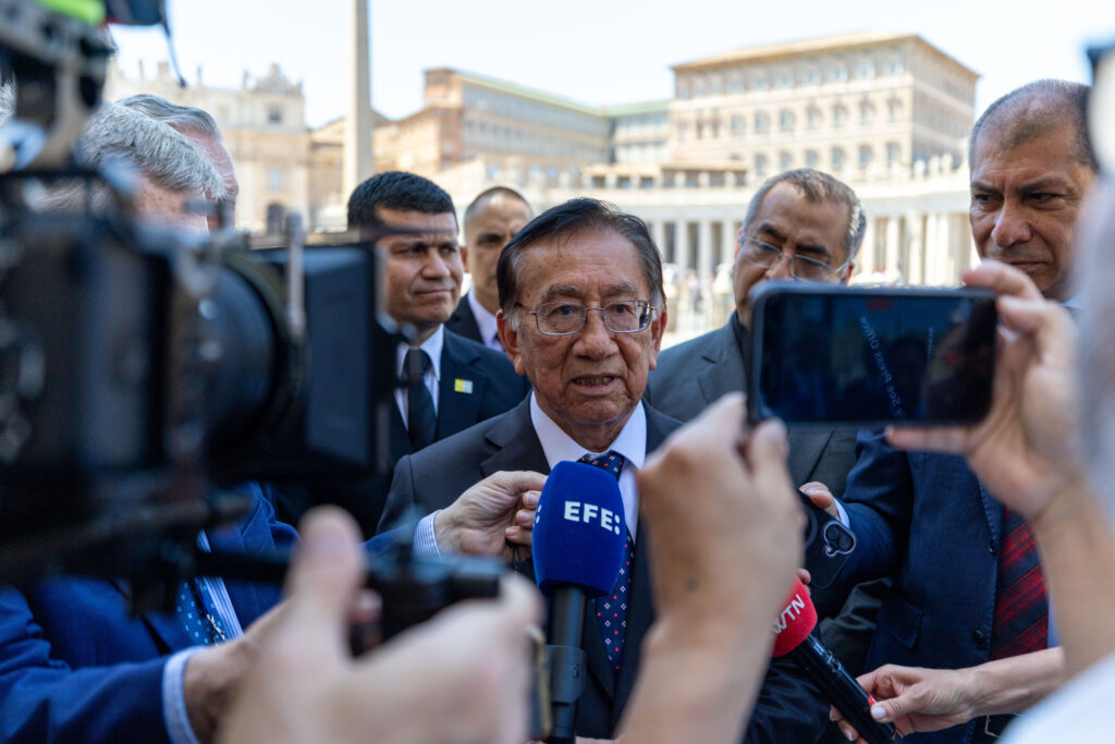 President José María Balcázar of Perú speaks with journalists outside of St. Peter’s Square in Rome following a private meeting with Pope Leo XIV on June 18, 2026. | Credit: Daniel Ibáñez/EWTN News