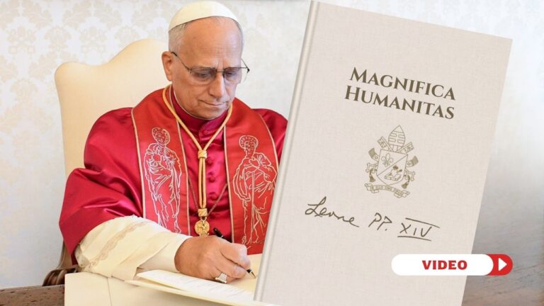 Pope Leo signs Dilexit te on October 4, 2025. Mock cover of Magnifica Humanitas designed by Ursula Murua, EWTN News.
