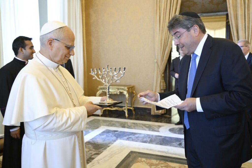 Pope Leo XIV receives a menorah from a representative of the United Jewish Appeal Federation of New York at the Apostolic Palace in the Vatican on June 15, 2026. | Credit: Vatican News
