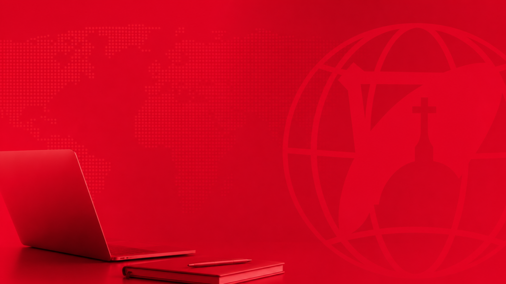 Red graphic with the EWTN logo promoting the Global Services Intern position at EWTN Vatican.
