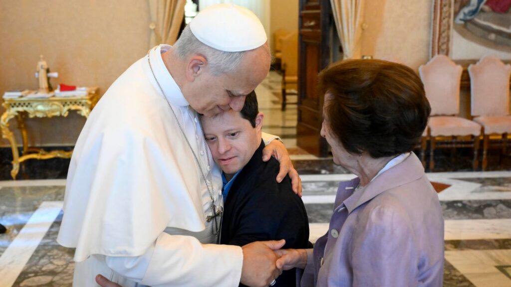Pope Leo XIV embraces a participant in his audience with members of the Jérôme Lejeune Foundation in the Apostolic Palace at the Vatican on June 22, 2026. | Credit: Vatican Media