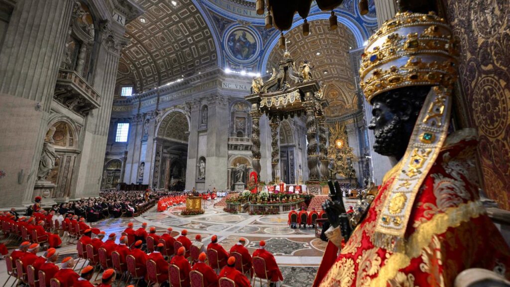 A detail of the statue of St. Peter during a Mass with Pope Leo XIV for the solemnity of Sts. Peter and Paul on June 29, 2026, at St. Peter’s Basilica at the Vatican. | Credit: Vatican Media