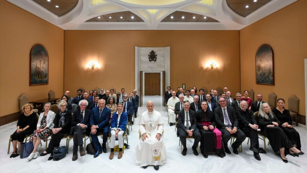 Pope Leo XIV poses for a photo during an audience with 28 writers from around the world, including Americans Marilynne Robinson, Elizabeth Strout, Phil Klay, Jonathan Safran Foer, and Paul Elie, at the Vatican on June 24, 2026. | Credit: Vatican Media