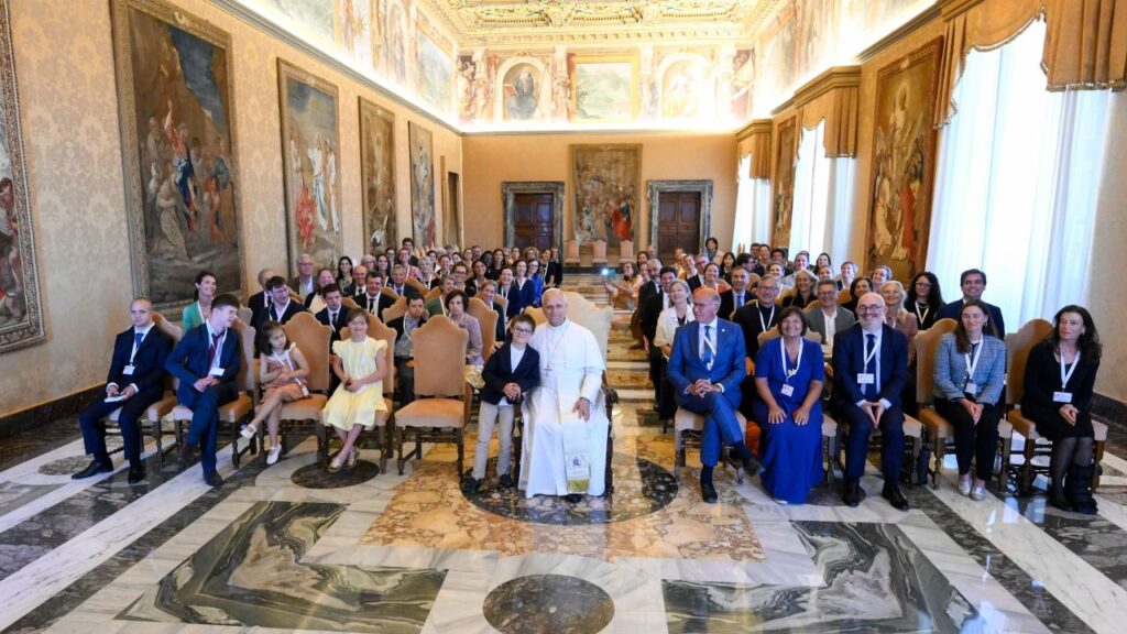 Pope Leo XIV takes a photo with members of the Jérôme Lejeune Foundation in the Apostolic Palace at the Vatican on June 22, 2026. | Credit: Vatican Media