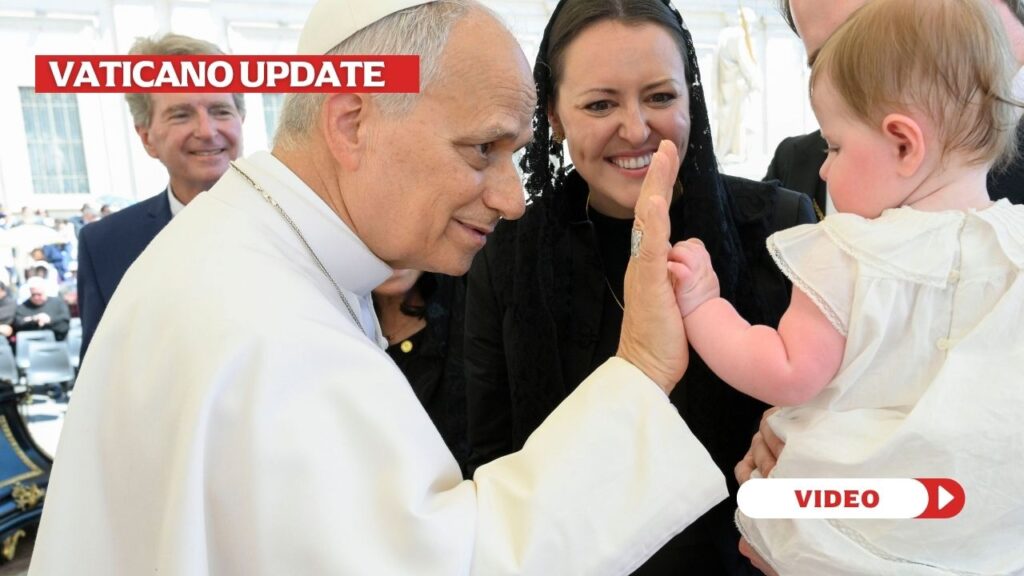 Pope Leo greets a baby at the General Audience. Credit: Vatican Media
