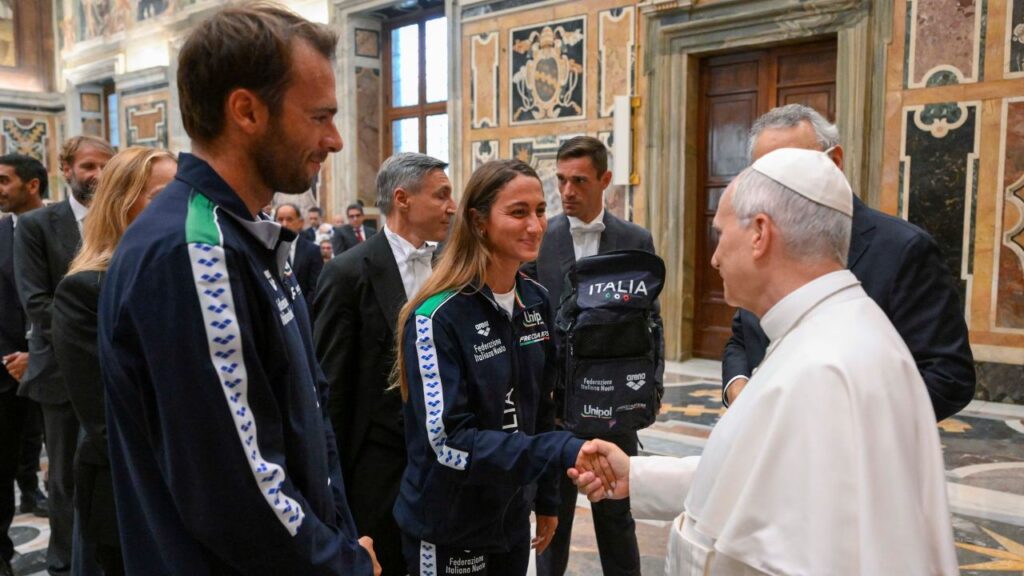 Pope Leo XIV greets members of the Italian Swimming Federation during a private audience at the Apostolic Palace in the Vatican on June 25, 2026. | Credit: Vatican Media