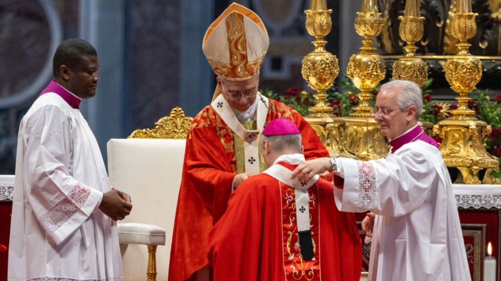 Pope Leo XIV bestows the pallium on New York Archbishop Ronald Hicks during a Mass for the solemnity of Sts. Peter and Paul at St. Peter’s Basilica on June 29, 2026, at the Vatican. | Credit: Daniel Ibanez/EWTN News