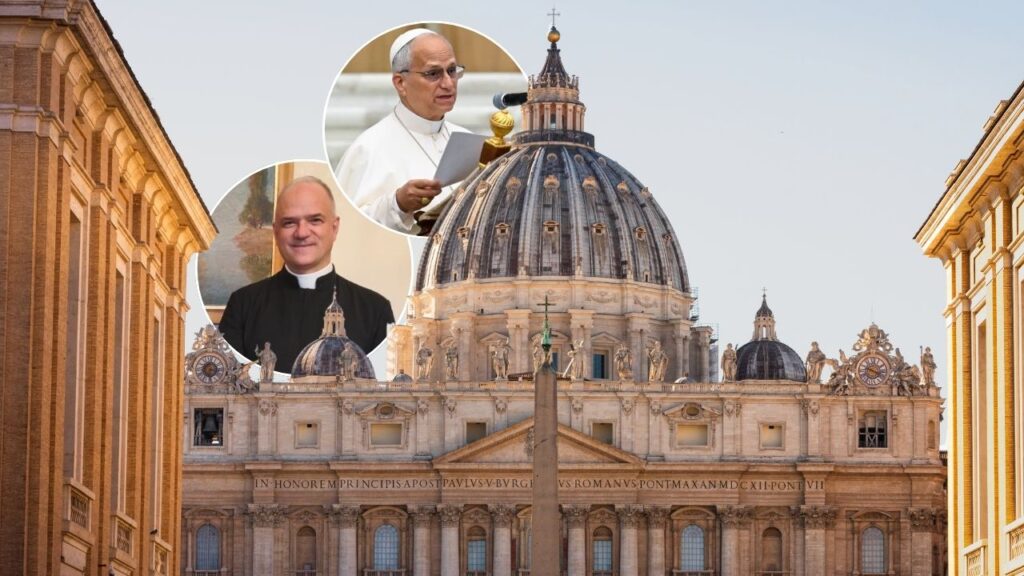 Pope Leo and Father Davide Pagliarani, Superior General of the SSPX. Designed in Canva by Jacob Stein.