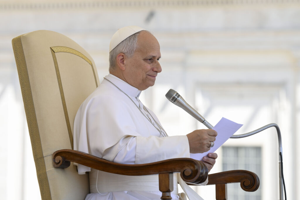 Pope Leo XIV speaks in St. Peter's Square at the general audience on May 27, 2026. | Credit: Vatican Media
