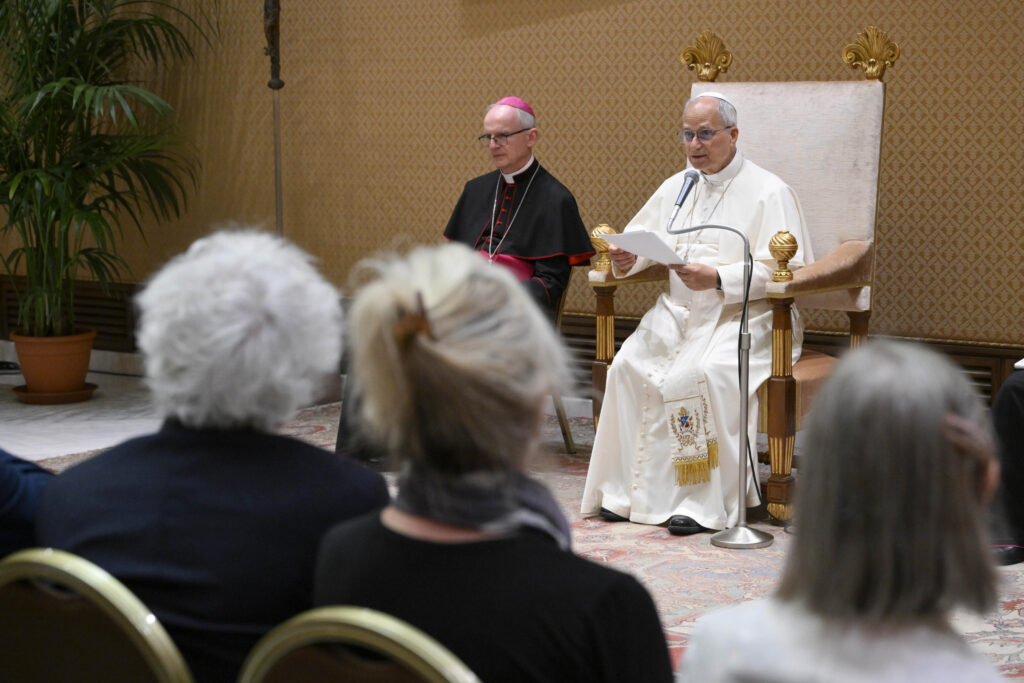 Pope Leo XIV addresses an audience of 28 writers from around the world, including Americans Marilynne Robinson, Elizabeth Strout, Phil Klay, Jonathan Safran Foer, and Paul Elie, at the Vatican on June 24, 2026. | Credit: Vatican Media