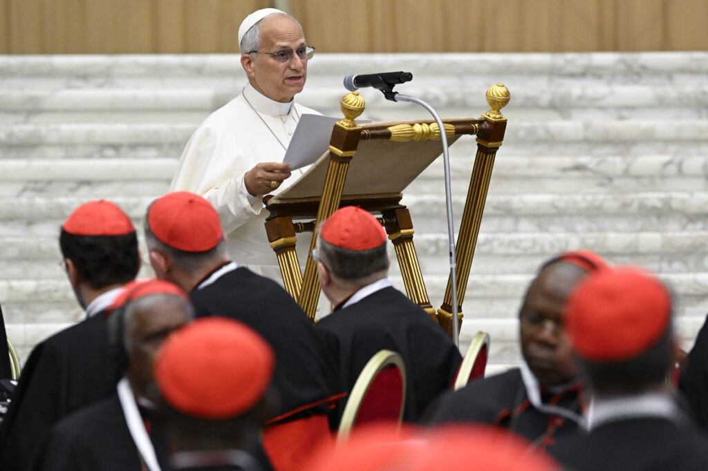 Pope Leo XIV addresses 178 cardinals on the first of two days of discussions for the second extraordinary consistory of cardinals, held in the Vatican's Paul VI Hall on June 26, 2026. | Credit: Vatican Media