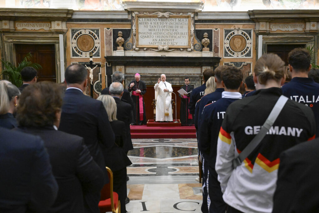 Pope Leo XIV blesses the members of the Italian Swimming Federation after their private audience at the Apostolic Palace in the Vatican on June 25, 2026. | Credit: Vatican Media