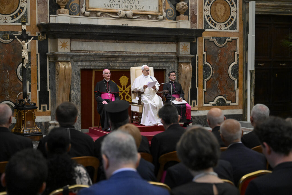 Pope Leo XIV addresses members of the Reunion of Aid Agencies for the Oriental Churches at the Apostolic Palace in the Vatican on June 18, 2026. | Credit: Vatican Media