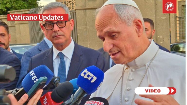 Pope Leo XIV talks to reporters outside the papal villa of Castel Gandolfo on June 16, 2026, before returning to Rome after a daylong stay there. | Credit: Hannah Brockhaus/EWTN News