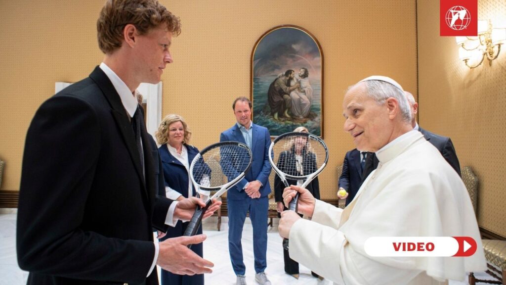 Pro Tennis Player Jannik Sinner meets the Pope and gifts him a tennis racket. Credit: Vatican Media.
