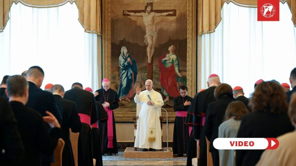 Pope Leo gives a blessing to Participants in the Plenary Assembly of the Dicastery for Evangelization – Section for Fundamental Questions Regarding Evangelization in the World. Credit: Vatican Media