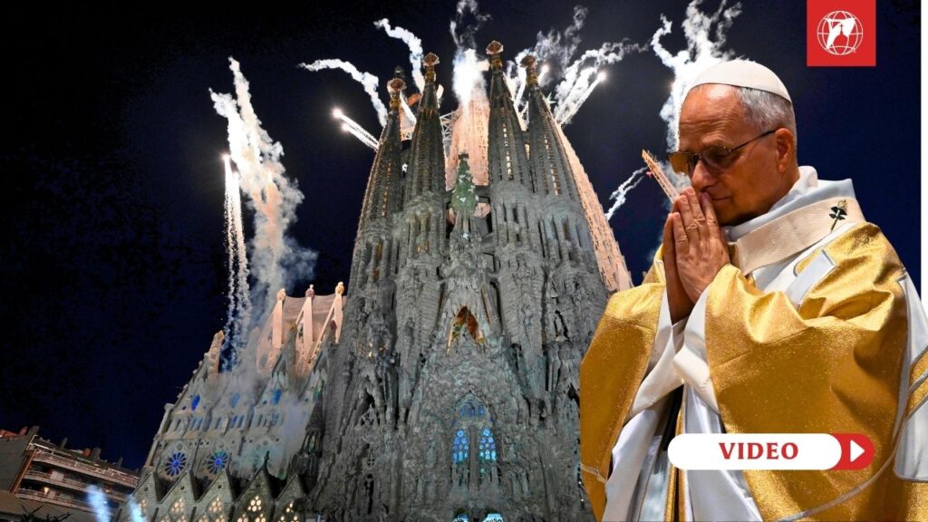 Inauguration Ceremony of the tallest church tower in the world: the Tower of Jesus Christ at Sagrada Familia. Credit: Vatican Media (Pope Leo), Daniel Ibanez for EWTN News (Basilica)